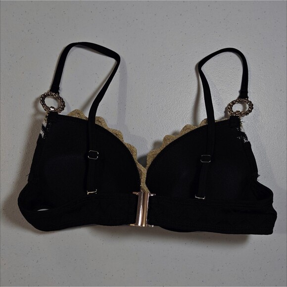 Y2K Bikini Swimsuit Crochet Pushup Bra 8 Top 6 String Small S Black Gold Mobwife - Picture 4 of 12